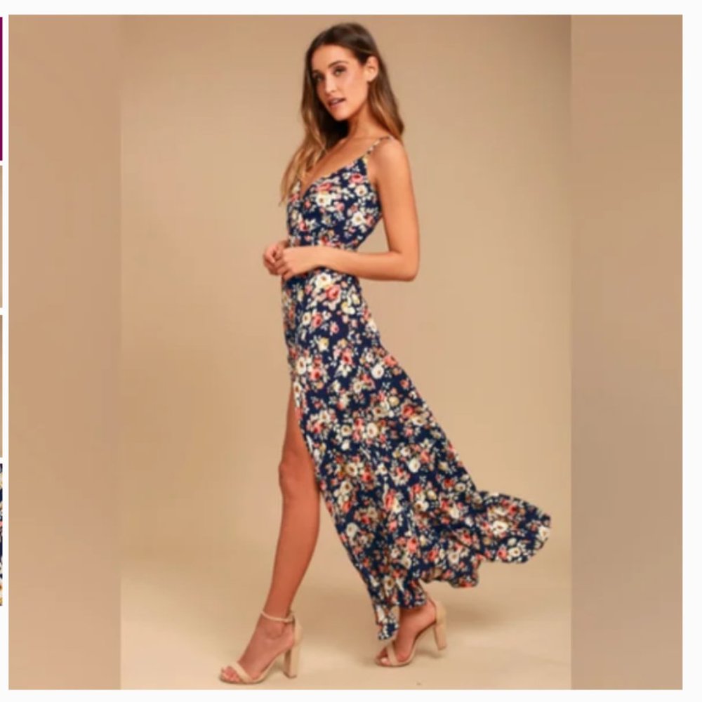 Lulus Everlasting Bliss Navy Blue Floral Print Maxi Dress Size Small